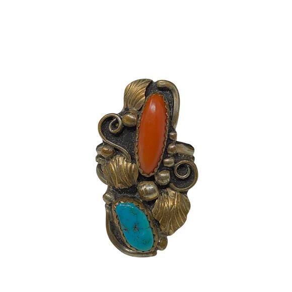 VTG Southwest Gold Filled On Sterling Silver Coral Stones Turquoise Ring Sz 5 - Picture 2 of 6
